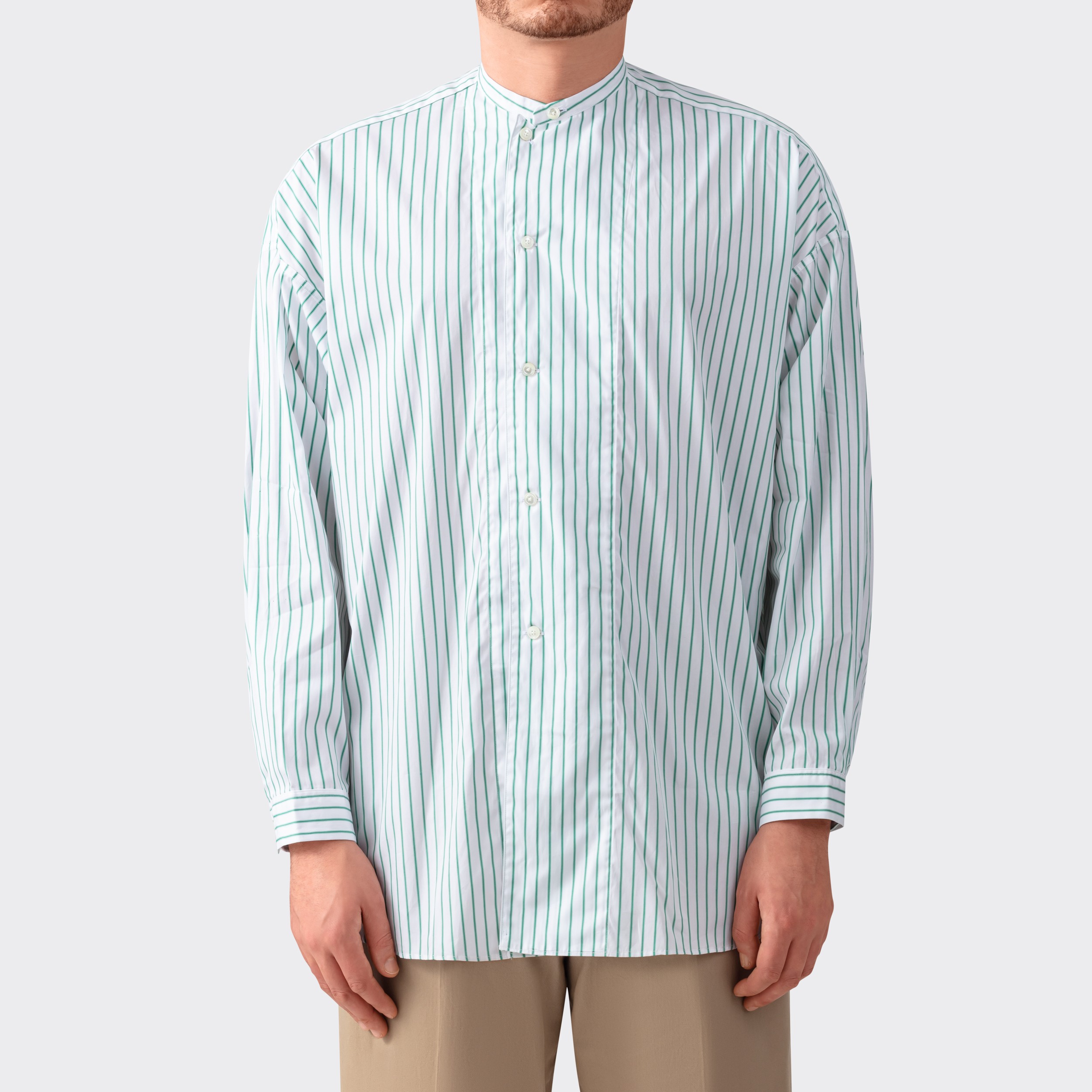 Haversack : Stripes Band Collar Shirt : White/Green