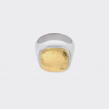 Heavy Cushion Hammered Signet : 925 Silver/18ct Yellow Gold