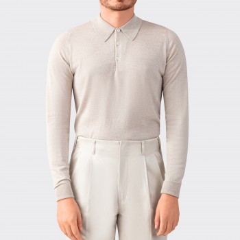 Long-Sleeve Merino Wool Polo: Beige