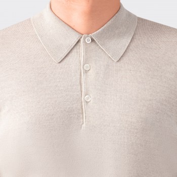 Long-Sleeve Merino Wool Polo: Beige