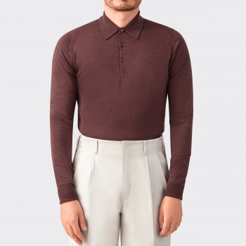 Long-Sleeve Merino Wool Polo: Heather Burgandy