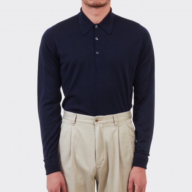 Merino Wool Long Sleeves Polo Shirt : Navy